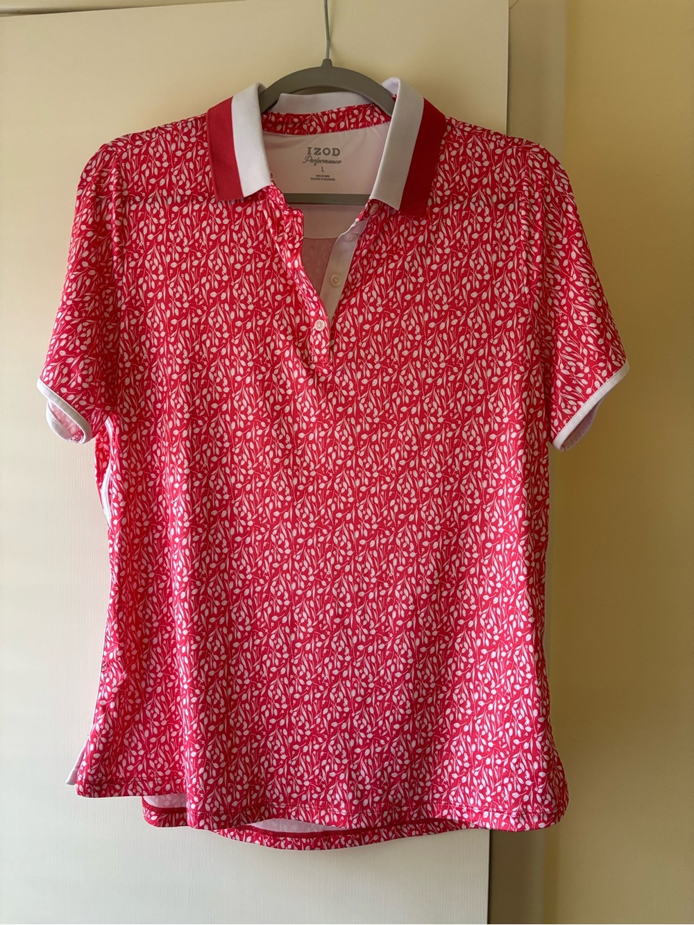 Izod Pink and White Leaf-Print Polo Tee